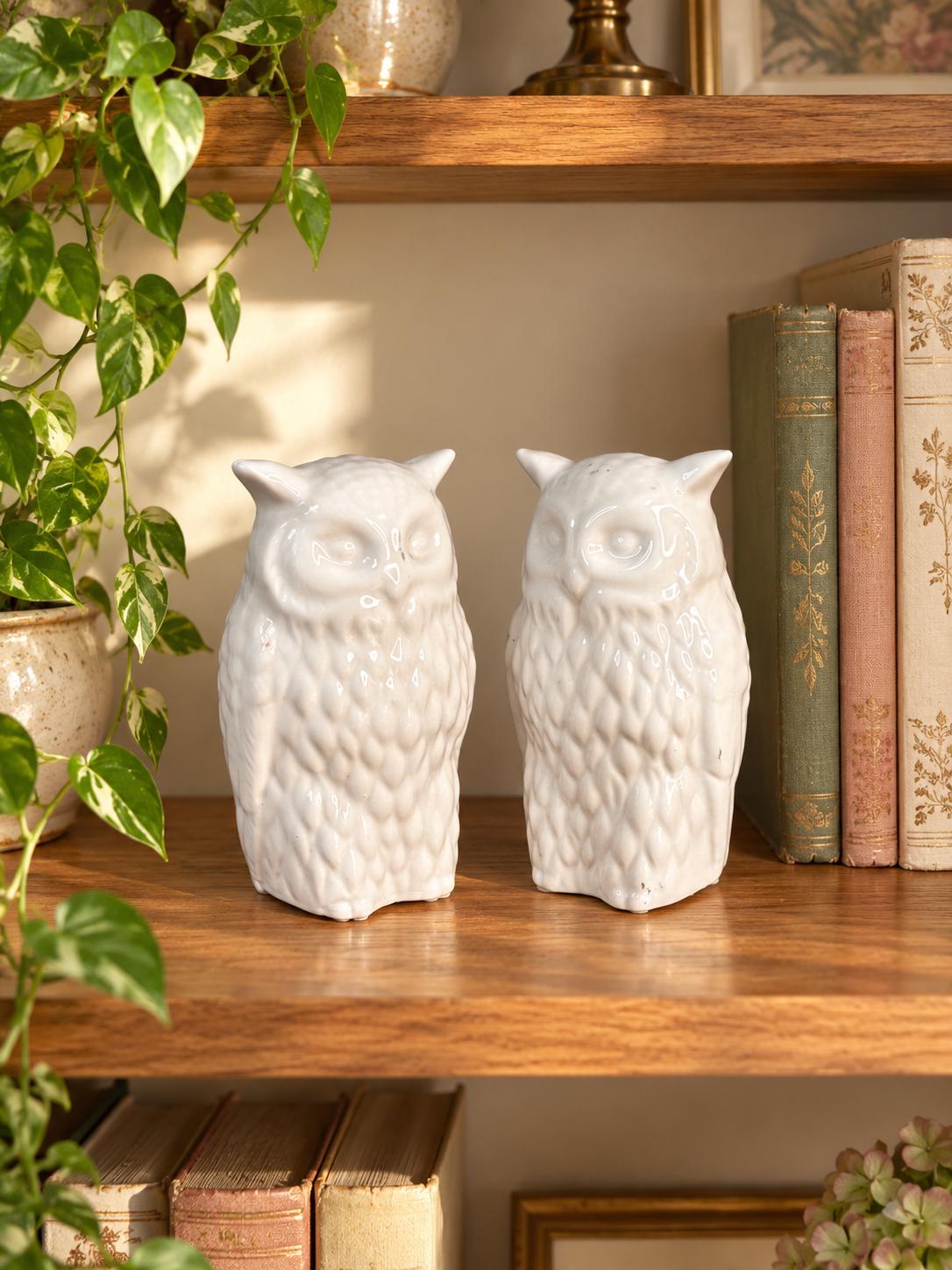 Vintage 4" White Ceramic Owl Figurines, Set of Two Pair Made in Japan | Woodland Bookshelf Deco