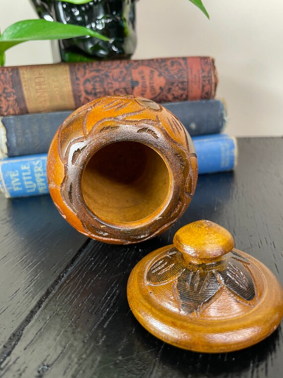Vintage Lotus Flower wood Urn Ornate Carved tooled In… Gem