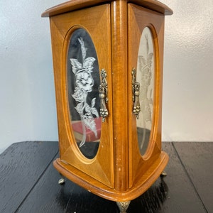 Vintage Silver Wood Armoire Mirror Etched Glass Doors Ornate Trinket Jewelry Box Wooden Flower Roses Drawers Tan Beige Velvet Tall Clawfoot