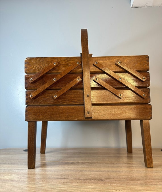 Vintage Accordion Dark Wood Wooden Sewing Box Spindle Legs Handle
