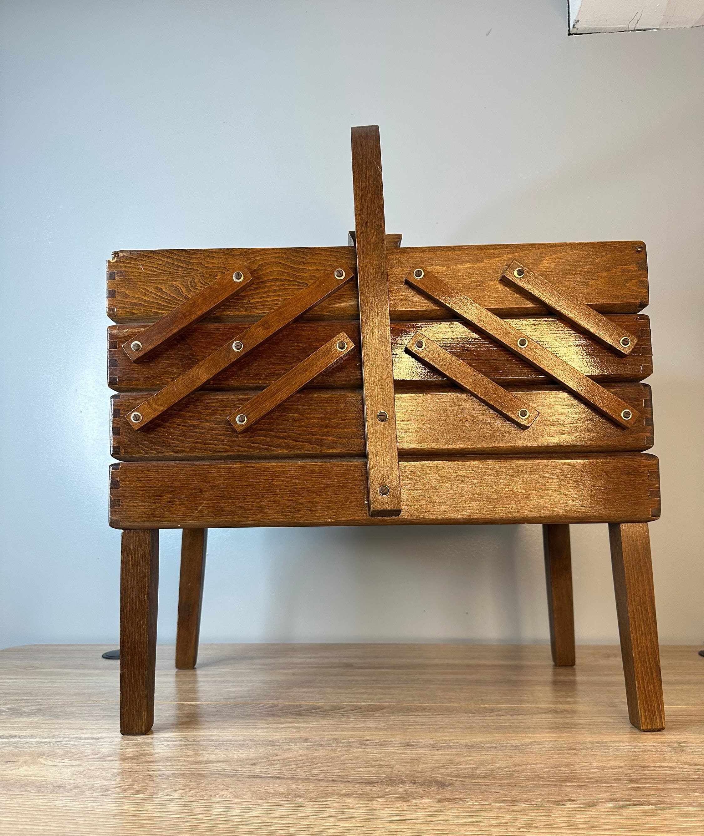 Vintage Accordion Dark Wood Wooden Sewing Box Spindle Legs Handle