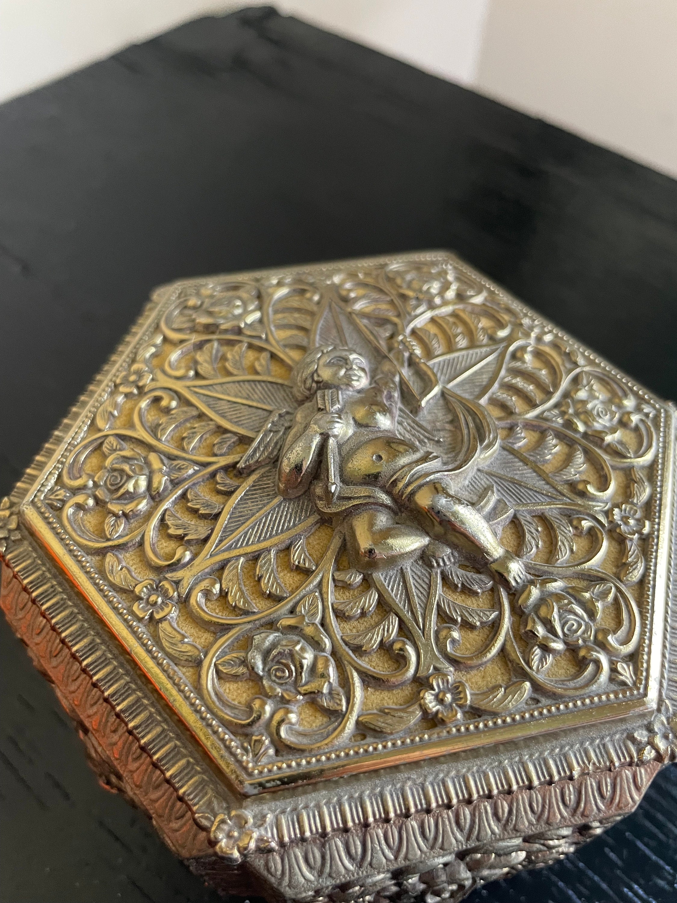 Vintage Footed Brass Velvet Lined Trinket or Jewelry Box