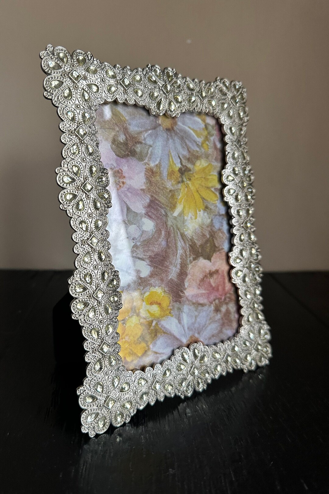 Vintage Silver Gems Jewels Rhinestones Striped Picture Frame Photo 4x6 ...