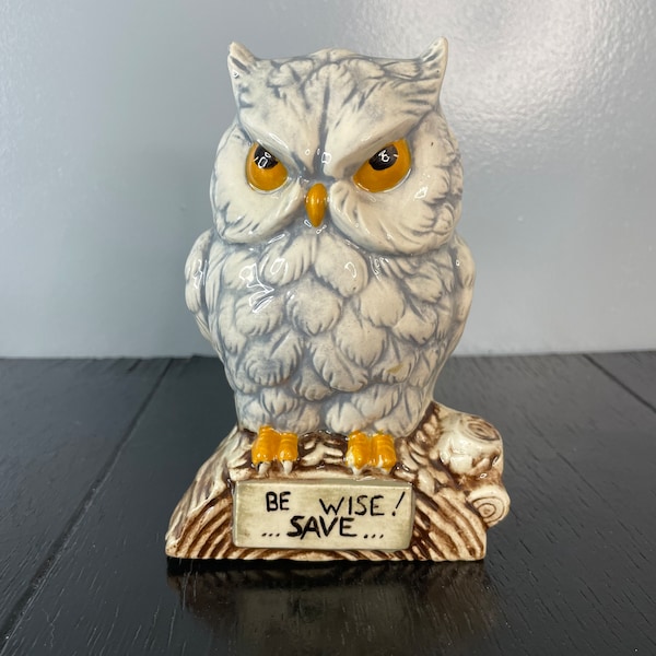 Vintage Retro Woodland Owl Be Wise Save Ceramic Bank Piggy Piggie Storage Coin Love Kitschy 1970's Bird Flying Antique