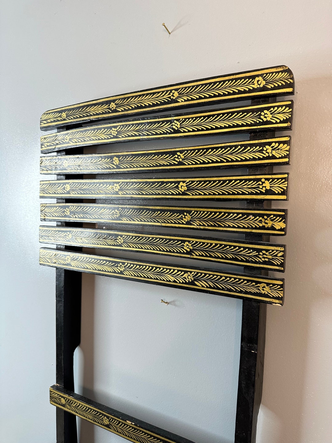 Vintage Slat Folding Chair Wall Decor Lattice Wood Hand Painted Flowers