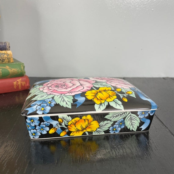 Vintage Ceramic Floral Rainbow Square Black Jewel… - image 4