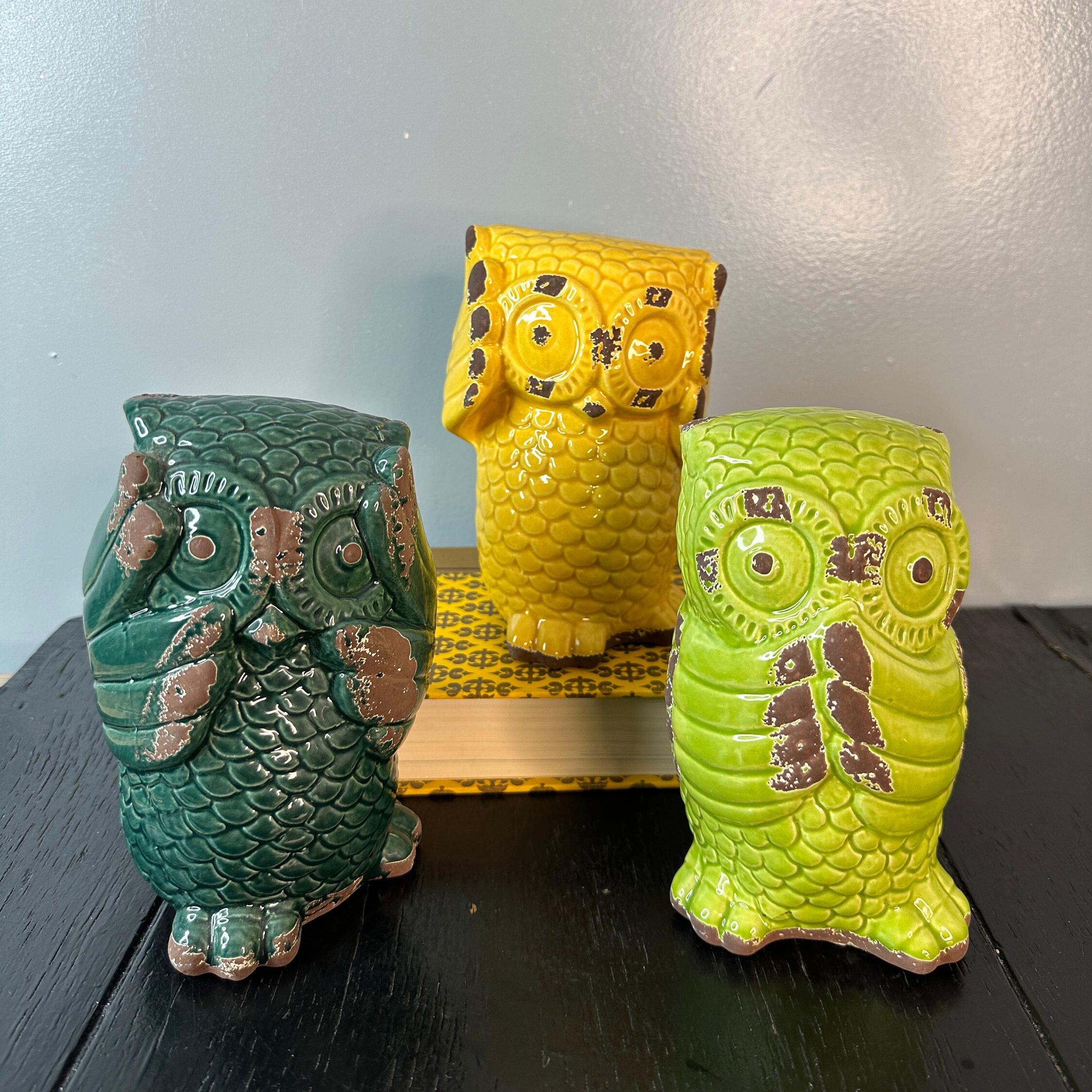 Vintage Owl Three Wise Yellow Green Glazed Ceramic Storage Decor
