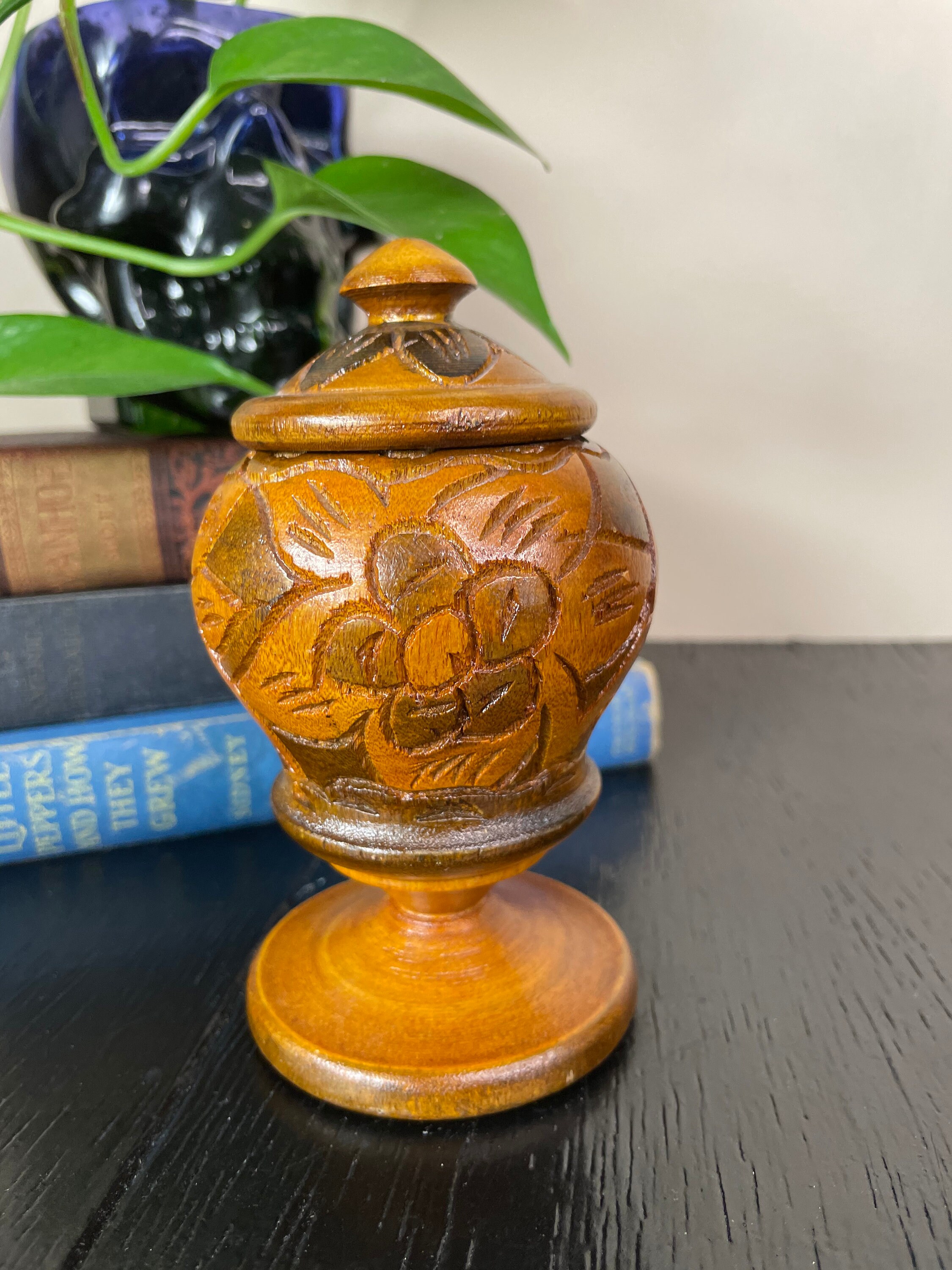 Vintage Lotus Flower Wood Urn Ornate Carved Tooled India Etsy