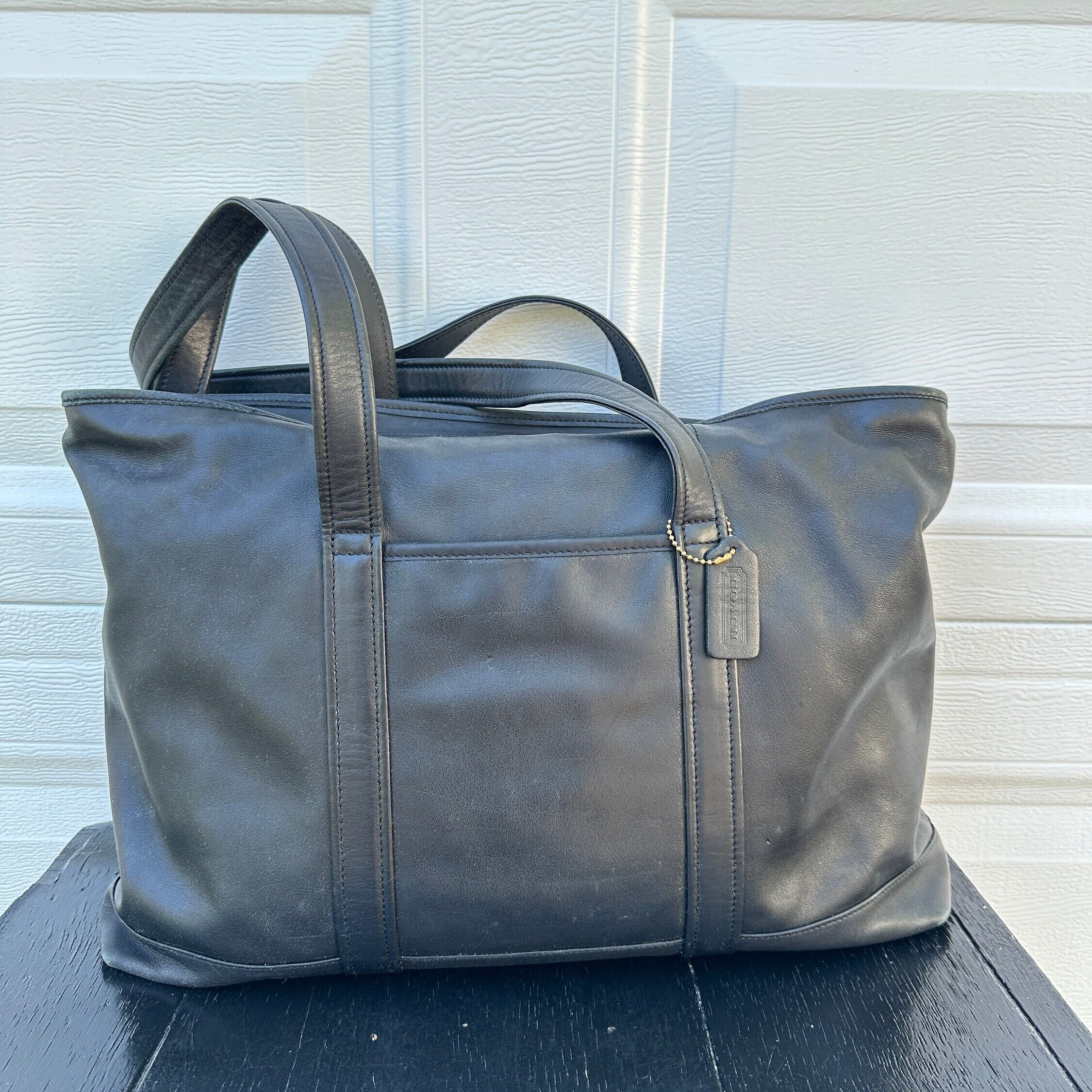 Vintage COACH UNISEX Black Leather 90s Laptop Travel Bag Purse