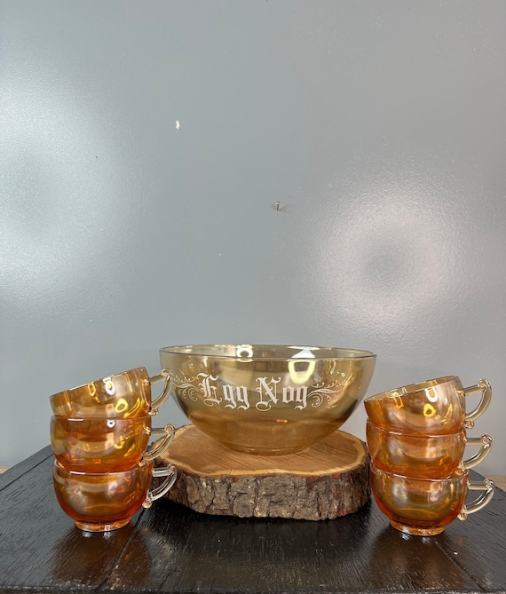 Vintage Eggnog Punch Bowl Mugs Jeanette Set Peach Luster Fire King
