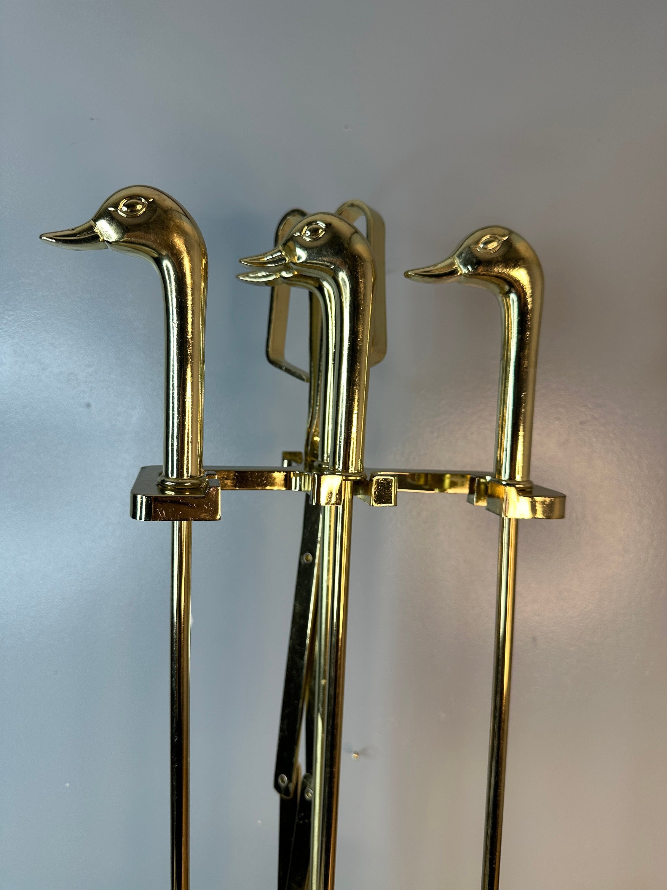 Vintage Duck Geese Goose Solid Brass Fireplace Tools Set Firepit