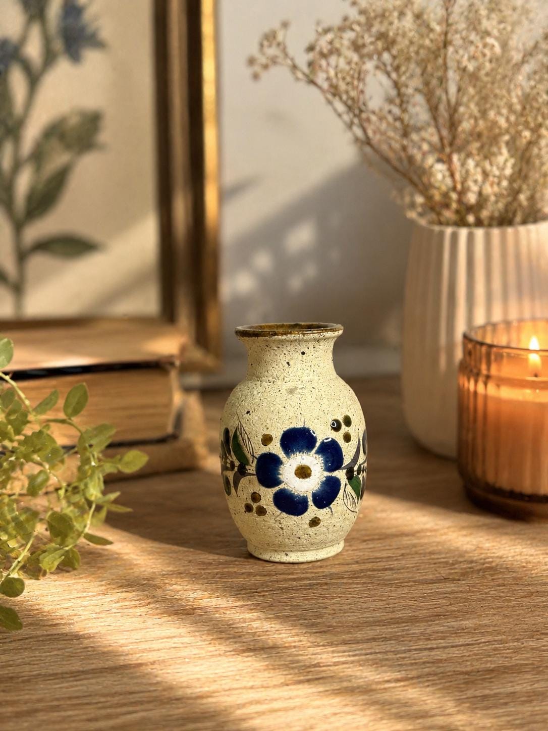 Vintage Hand Painted Stoneware Bud Vase Blue Floral Mini Vase Rustic…