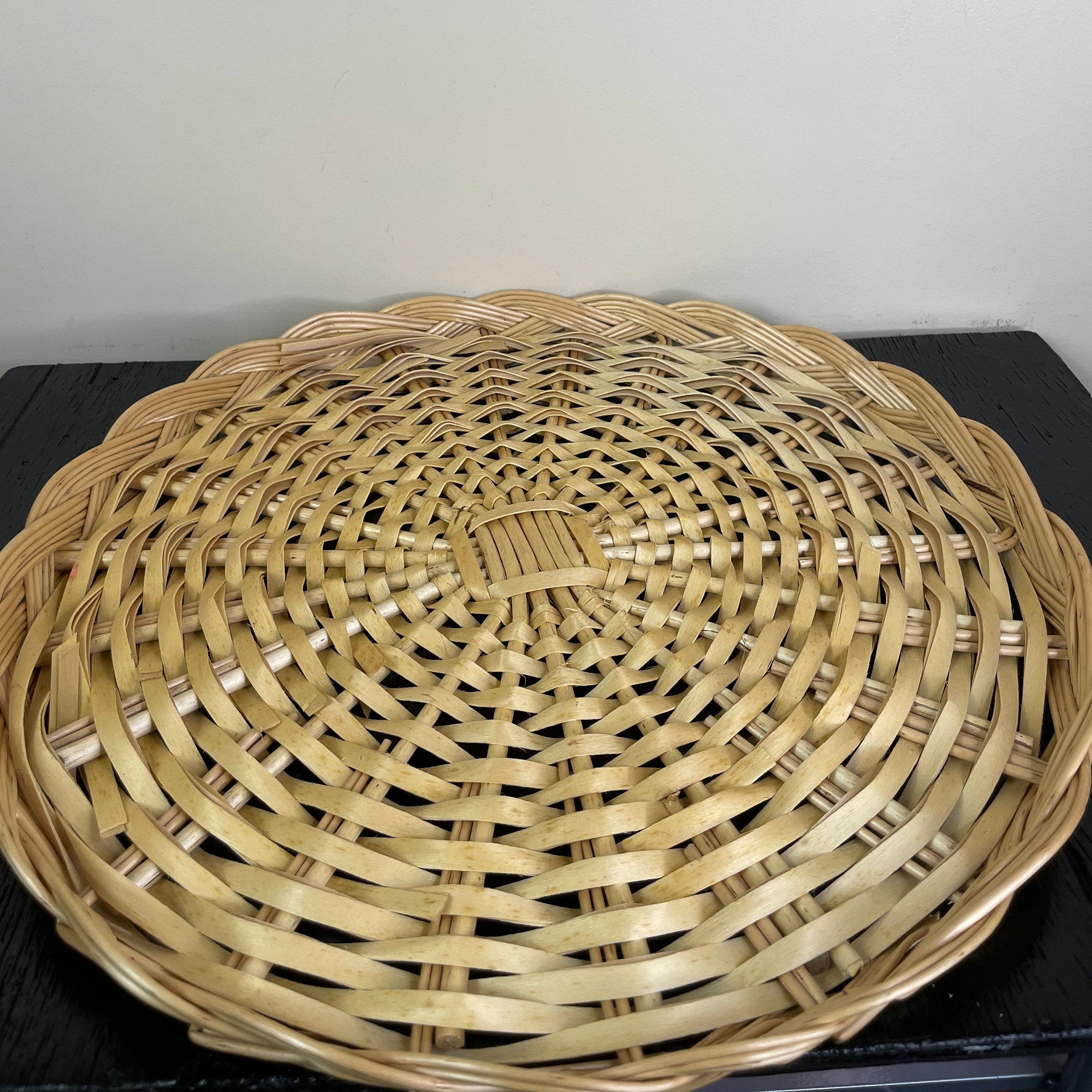 Vintage Woven Bamboo Serving Tray Wicker Detail Wood Platter Etsy