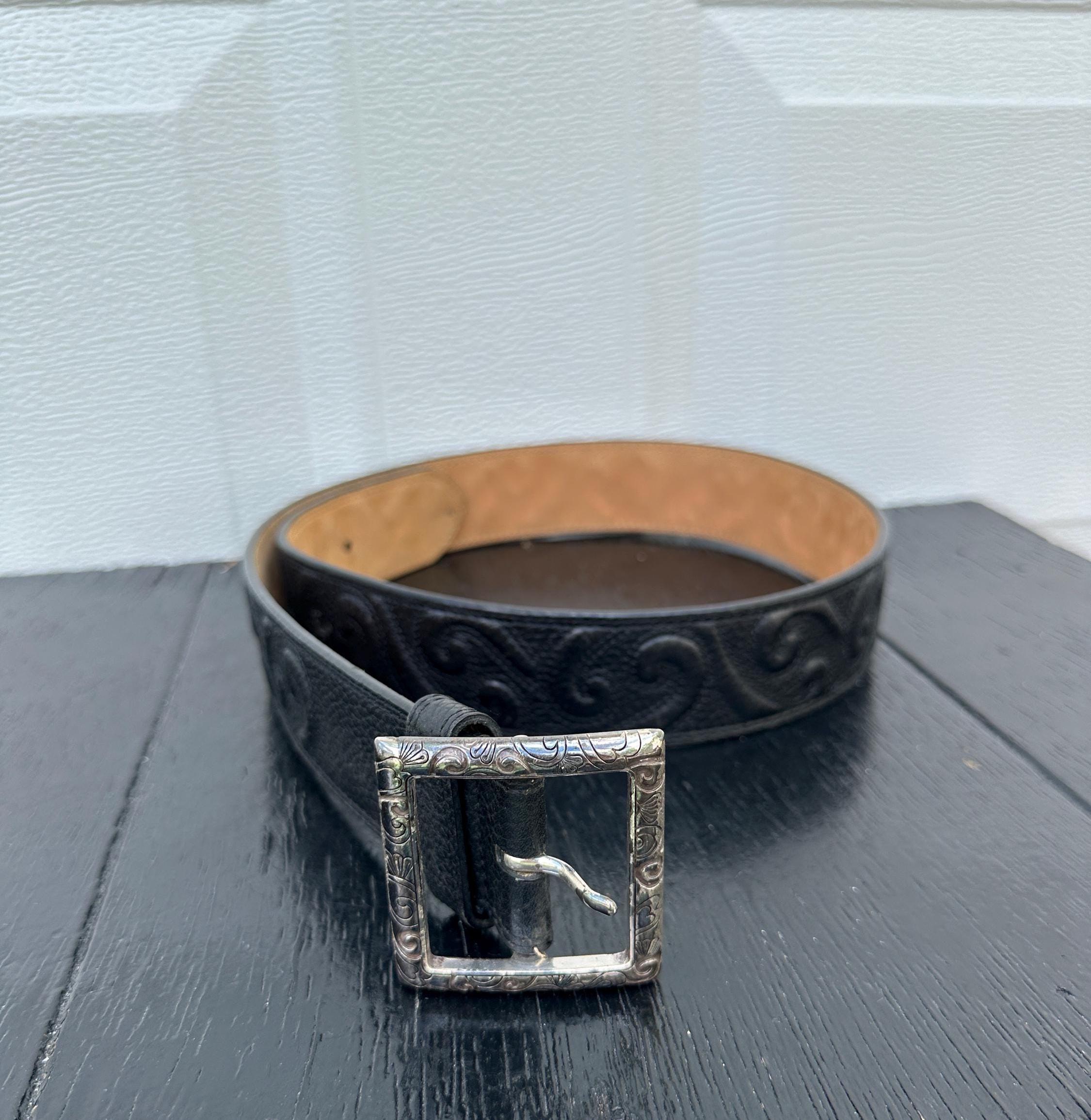 Vintage Black Leather Brighton Tooled Silver Buckle Pressed  display picture 3