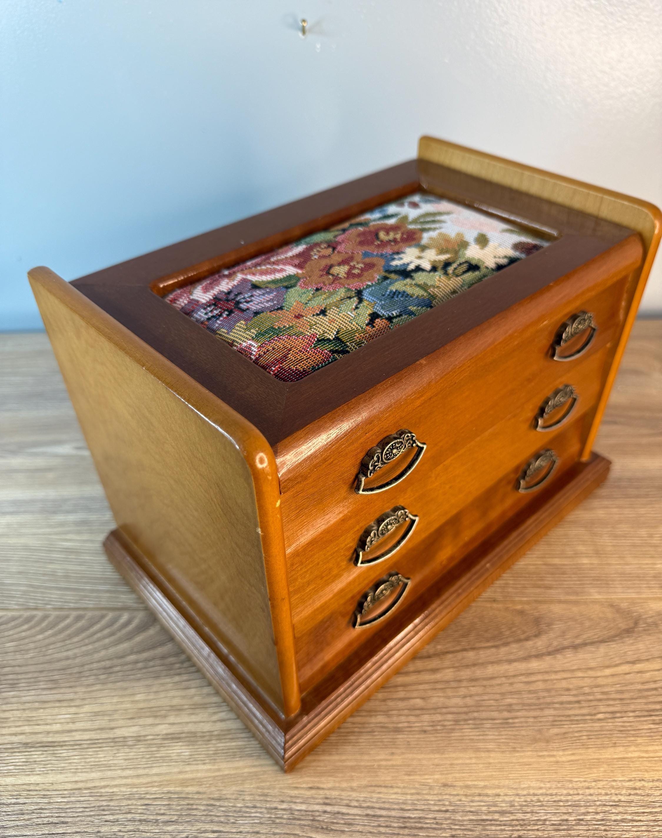 Vintage Wooden Wood Armoire Floral Tapestry Needlepoint Ornate Trinket Jewelry Box Dresser Drawers  Red Velvet Antique Silver Chest