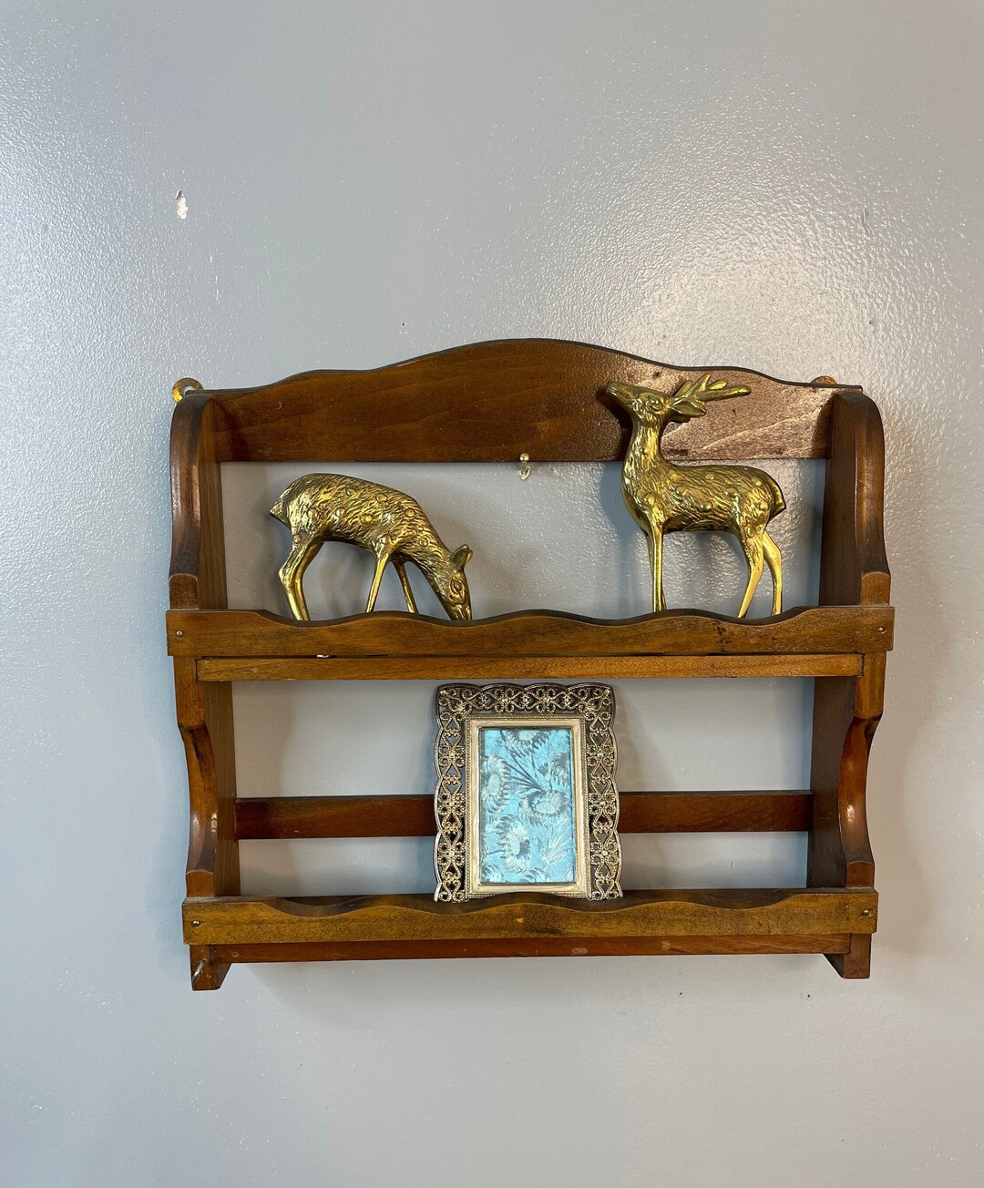 Vintage Mid Century Modern Wood Shelf Shelves Scroll Art Unique Knick