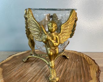 Vintage Angel Crackle Glass Brass Gold Metal Candle Holder Votive Tealight Modern Hollywood Regency Ornate Candleholder Cherub Fairy Lamp
