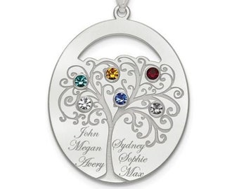 Personalized Custom Family Tree with Birthstone Crystals and Names in Script Pendant, Sterling Silver or Gold Plated Silver