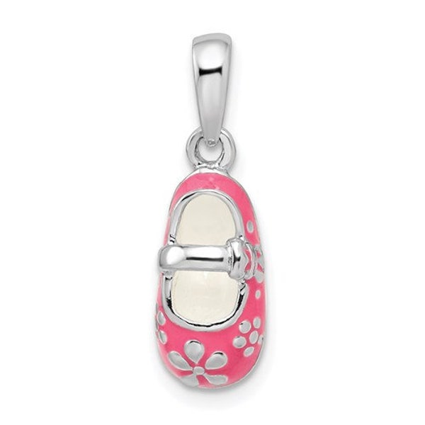 Million Charms 925 Sterling Silver Pink Enameled Little Girl Mary Jane Shoe with Flower Baby Charm, 2.5 grams