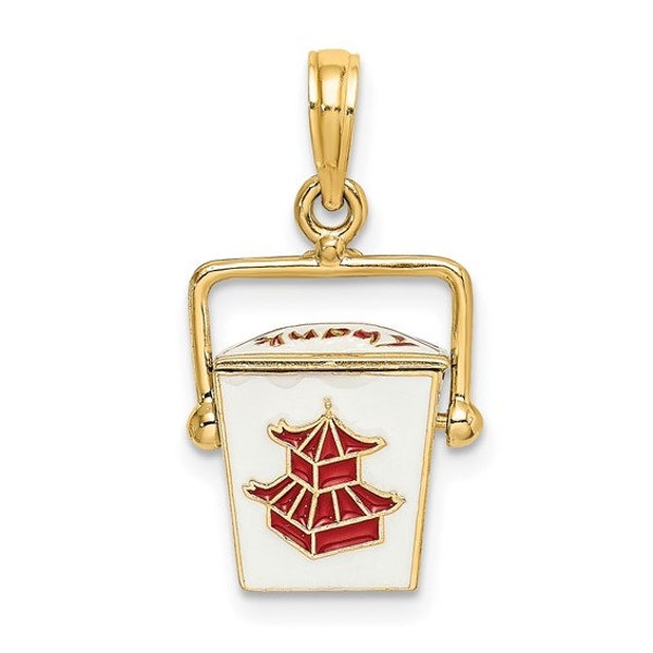 14K Yellow Gold 3-D red and white Enameled Moveable Chinese Take-Out Box Thank You Charm Necklace Charm Pendant Anniversary birthday novelty