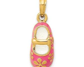 Million Charms 14k Yellow Gold Pink Enameled Little Girl Mary Jane Shoe with Flower Baby Charm, 2.58 grams