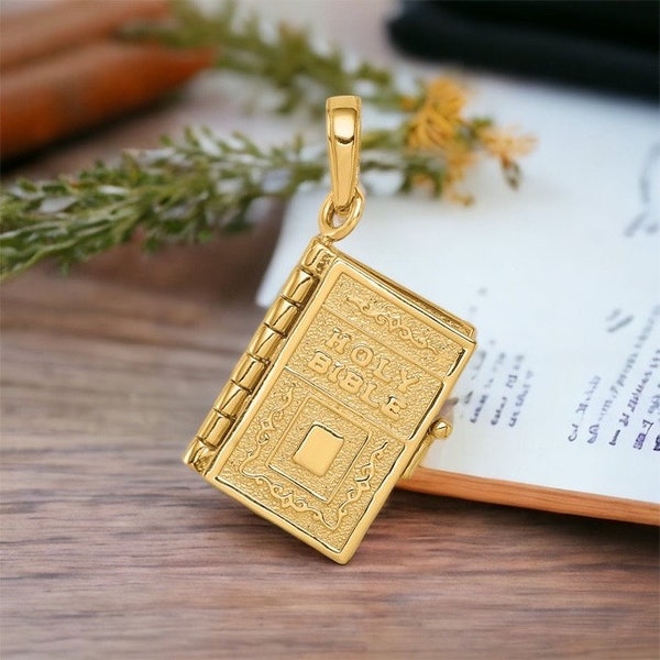 Million Charms 10k or 14k Yellow Gold Religious Charm, 3D Holy Bible Book w Lord's Prayer, Movable Pages with Piano Hinge religious baptism