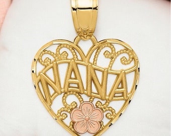 10k and 14k Yellow and Rose Gold Nana in Heart Filigree Necklace Charm Pendant with flower, keepsake