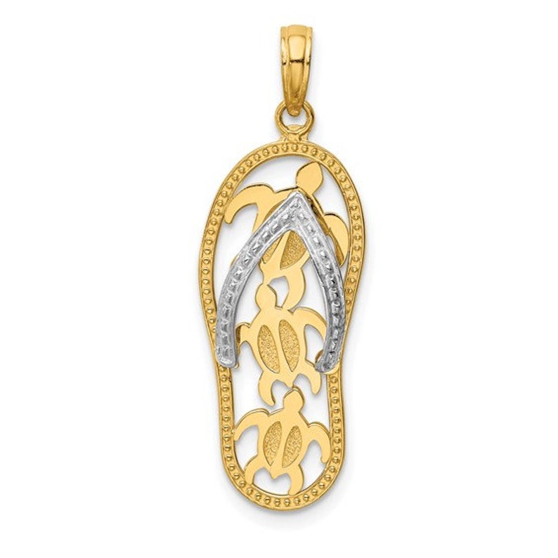 14k 10k Yellow Gold or 925 Sterling Silver Flip Flop Necklace Charm Pendant, Sea Turtle Cut-out for him her men ladies unisex beach nautical 14k Two-tone Gold