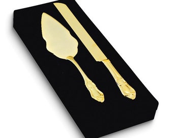 Gold-plated Cake Knife and Server Set for Wedding, Golden Anniversary, Special Birthday, House Warming, Holiday Gift