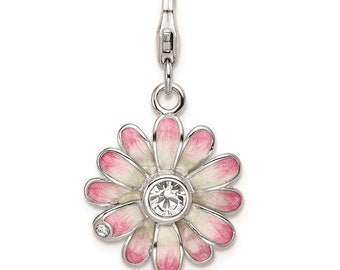 925 Sterling Silver Enameled Pink Daisy Flower With Lobster Clasp Charm with Swarovski Crystals Lucky charm for Bracelet