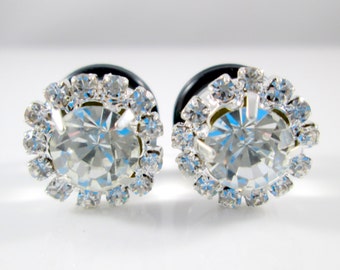 Plugs - Bridal Silver Small Center Rhinestone Sparkle 4g, 2g, 0g, and 00g.