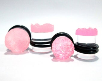 Clearance - Plugs - Pink Faux Druzy 2g, 0g, 00g, 7/16", 1/2", and 9/16"