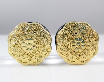 Gold Mandala Vintage Button Plug Earrings (9/16 or 5/8 inch)