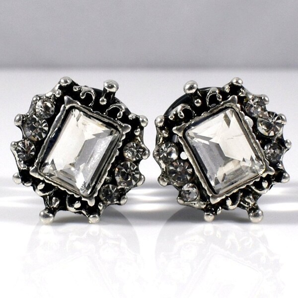Plugs - Gauges - Pretty Silver Vintage Framed Rectangle Rhinestone Plugs - Available in 0g, 00g, 7/16in, and 1/2in