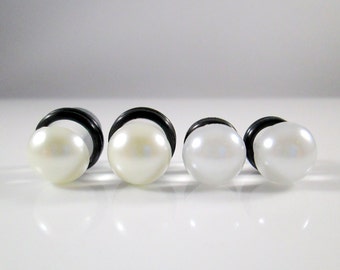 Plug Earrings - Ivory or White Pearl Plugs for Stretched Ears - 4g, 2g, 0g, 00g, 7/16 in, 1/2 in, and 9/16 in