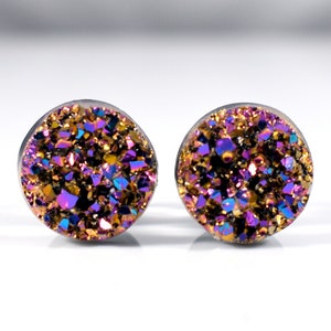 Plug Earrings - Metallic Gold Purple and Blue Sparkle Faux Druzy 4g, 2g, 0g, and 00g