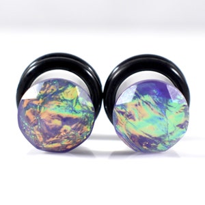 Plug Earrings - Purple Oil Slick Foil Faceted 4g, 2g, and 0g