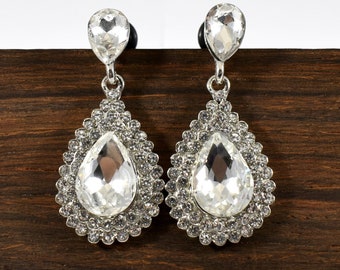 Plugs - Dangle Silver and White Rhinestone Teardrop Dangle 4g