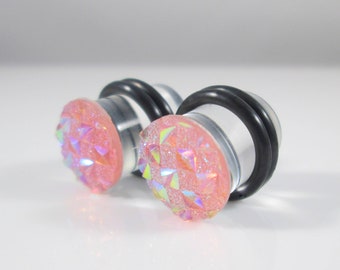 Clearance - Plugs - Pink Peach AB Finish Diamond Cut 2g, 0g, and 00g