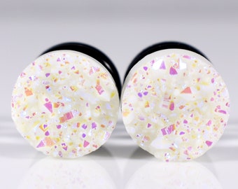 Plugs - Plug Earrings - White AB Finish Titanium Faux Druzy Sparkle Plugs - 4g, 2g, 0g, and 00g