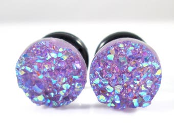 Pendientes de tapón - Tapones brillantes de imitación drusa con acabado AB en morado claro - 4 g, 2 g, 0 g y 00 g
