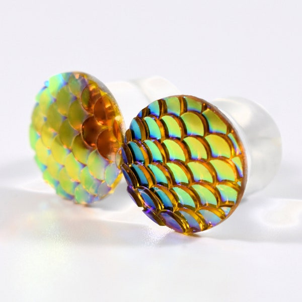 Gauges - Plug Earrings - Yellow Goldenrod Mermaid Dragon Scales 7/16 in, 1/2 in, and 9/16 in