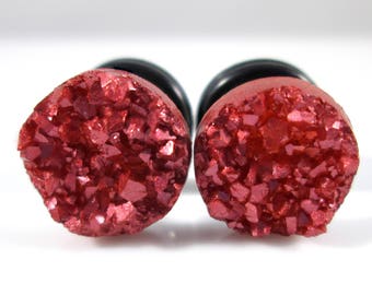 Plug Earrings - Oxblood Red Metallic Faux Druzy Sparkle 4g, 2g, 0g, and 00g