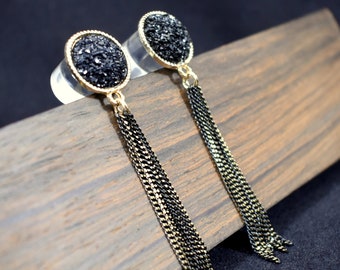 Black Druzy Dangle Plugs: Bronze Gold Chain - (4g-9/16")