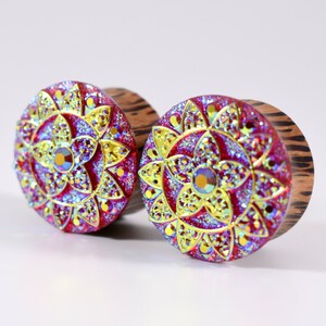 Clearance - Gauges - Plug Earrings - Red Mandala Flower 3/4 in, 7/8 in, 1 in