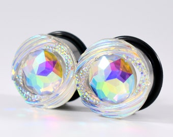 Gauges - Plug Earrings - Clear White AB Finish Eye 3/4 in, 7/8 in, 1 inch