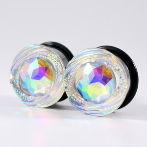 Gauges - Plug Earrings - Clear White AB Finish Eye 3/4 in, 7/8 in, 1 inch
