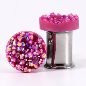 Plug Earrings - Magenta Pink Sparkle Faux Druzy 2g, 0g, and 00g