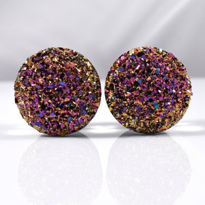 Plugs - Purple and Gold Large Sparkle Faux Druzy 3/4 in, 7/8 in