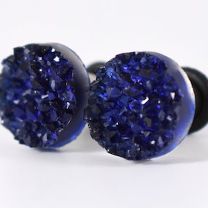 Plug Earrings - Dark Midnight Blue Sparkle Faux Druzy 4g, 2g, 0g, and 00g